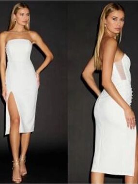 Lulu's White Strapless Midi Dress with Side Slit
